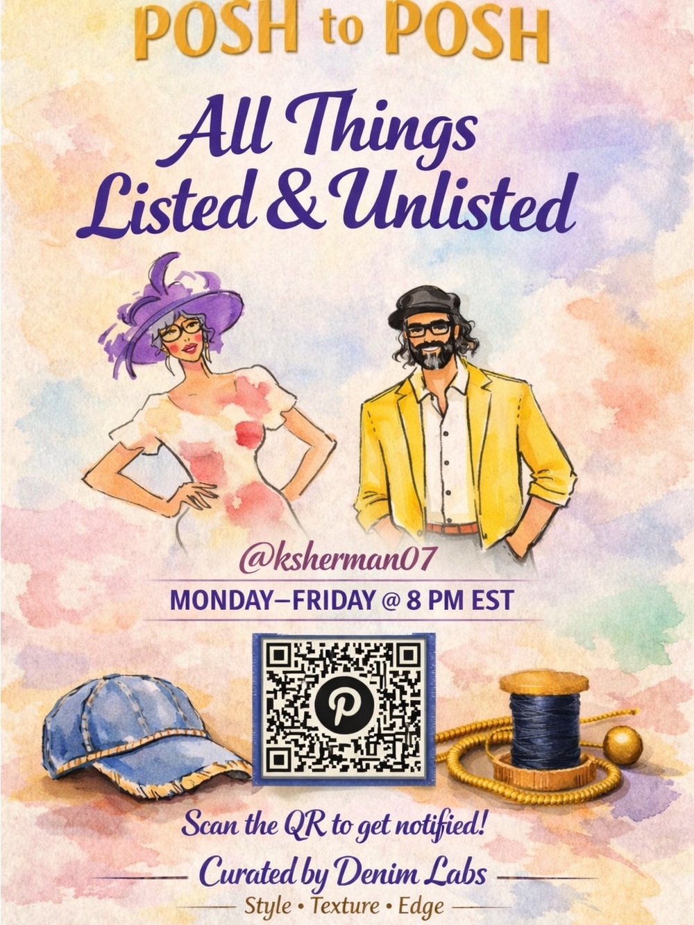 Posh to Posh Event Poster — Watercolor Fashion Illustration in Purple & Yellow